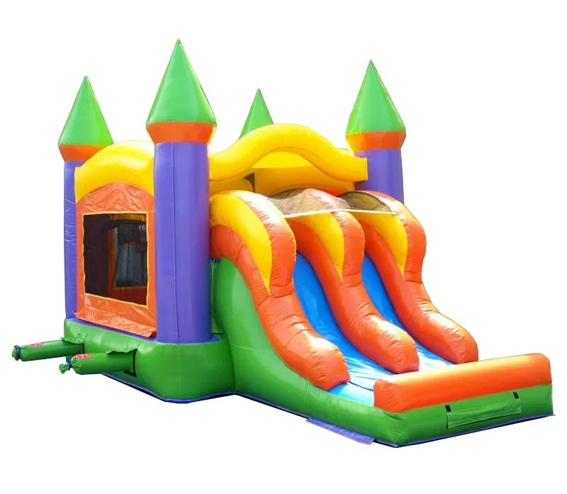 kids orange rainbow bounce house and double lane slide combo with blower 1